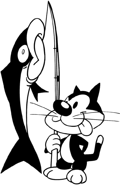 Cat catching large fish on pole vinyl sticker. Customize on line. Fishing 038-0114
